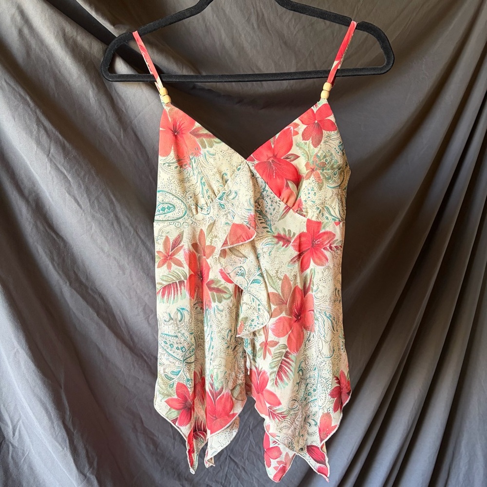 ALLY B Women’s Tank Tropical Sheer Flowy Wood Bead Detail Floral Boho Y2K MED